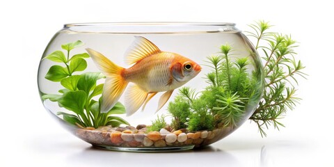 A Goldfish in a Glass Bowl with Green Plants and Stones, Goldfish, Aquatic Plants, Fish Tank, Aquarium