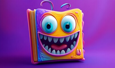 Wall Mural - A 3D Cartoon Book with a Grinning Face and Large Eyes