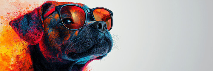 Wall Mural - Cool dog wearing sunglasses with a colorful, abstract background.