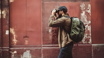 A man with a beard, wearing a brown jacket, takes a photo in the city.