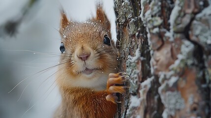Wall Mural - A red squirrel peeks out from behind a snow-covered tree trunk, its fur dusted with snow.