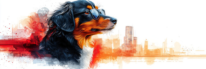 Wall Mural - Cool dog wearing sunglasses in front of a city skyline.