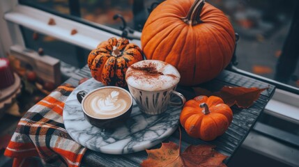 Poster - A marble table with fall decor and candles 