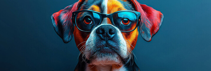 Poster - A dog wearing glasses stares intensely at the camera.