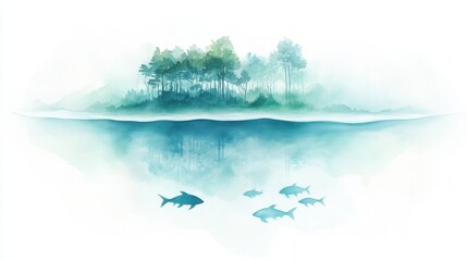 Wall Mural - A painting of a body of water with a forest in the background