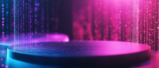 A dark purple and blue background with a glowing purple and pink light