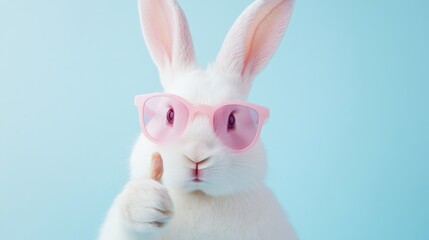 Wall Mural - A white rabbit wearing pink glasses is giving a thumbs up