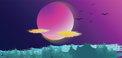 Wall Mural - abstract vector illustration of sunset in the sky with clouds 