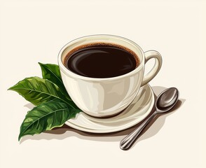 Wall Mural - A 3D rendering of a traditional oriental style coffee cup and plate set with an illustration of a tea spoon