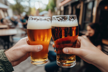 Close-up of two hands toasting with beer glasses.