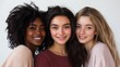 © fotofabrika - Three diverse young women smiling together in a bright, modern setting showcasing joy and friendship