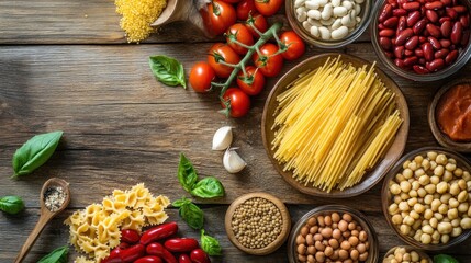 Canvas Print - Italian Cuisine Ingredients on Rustic Wooden Table