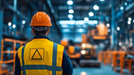 A construction worker in a hard hat and safety vest stands in a factory setting, looking towards machinery in the background.