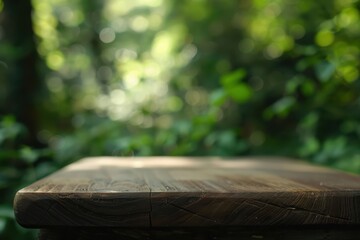 A close-up view of a wooden surface in a vibrant, green natural setting, perfect for nature-themed graphics and designs.