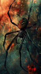 Wall Mural - A large, menacing spider with glowing eyes sits on a web against a background of swirling colors.