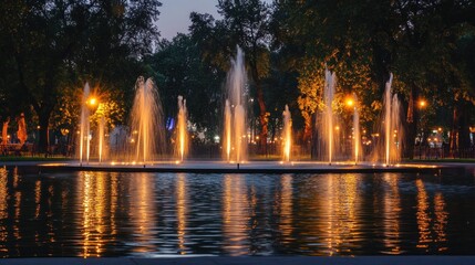 Poster - Illuminated Fountains in a Tranquil Park