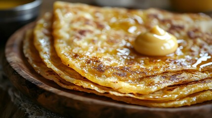 Wall Mural - Delicious Golden Pancakes with Honey Drizzle on Wooden Plate