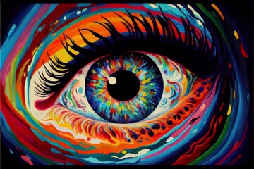 painting of eye with bright colors, close up