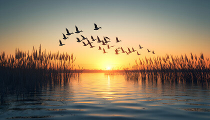 Wall Mural - A flock of birds flying over a lake at sunset.