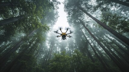 Canvas Print - Drone Flying Through a Misty Forest