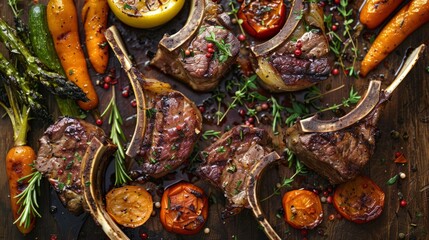 cooked lamb chops arranged on a rustic wooden table, garnished with fresh herbs and accompanied by roasted vegetables. The rich, golden-brown crust of the meat contrasts with the vibrant colors 