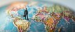 © Sweettymojidesign - A miniature businessman stands on a globe, symbolizing global travel, business opportunities, and international connections.