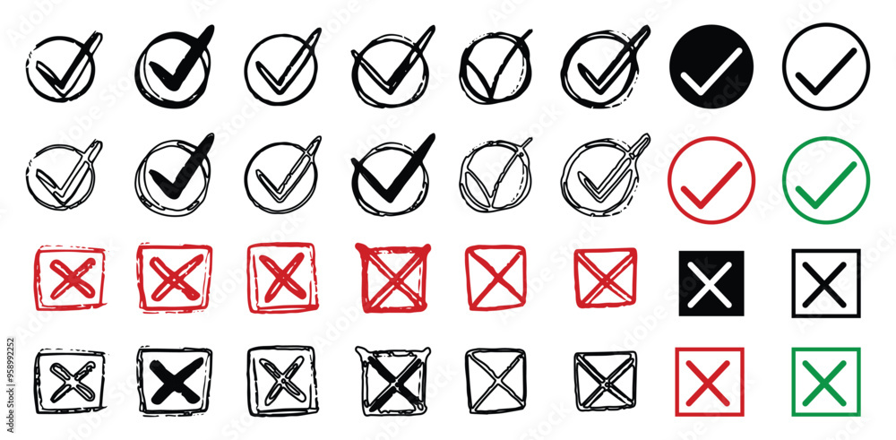 Check Box Correct Incorrect Hand drawn doodle check mark icon, Hand drawn checkbox vote marks ...