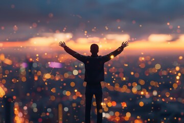 A person stands with arms wide open against a vibrant city skyline at sunset, celebrating freedom and joy amidst sparkles.