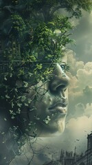 Wall Mural - Surreal Dreamscape: A Human Face Embraced by Nature