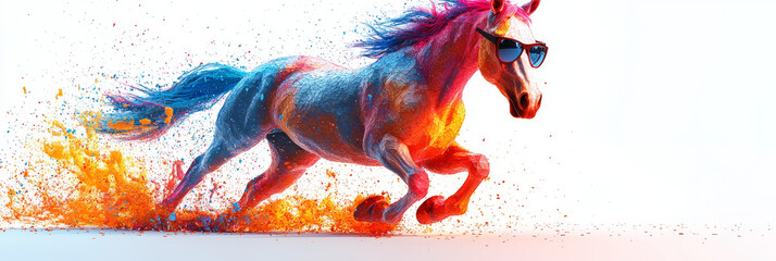 Canvas Print - A colorful horse with sunglasses runs across a white background, leaving a trail of paint.