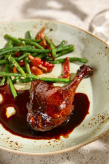 Sticker - Duck Leg Confit with Berry Sauce and Green Beans - Gourmet Cuisine