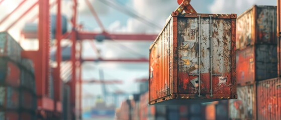 A weathered shipping container suspended in a busy port, surrounded by industrial machinery and other containers.