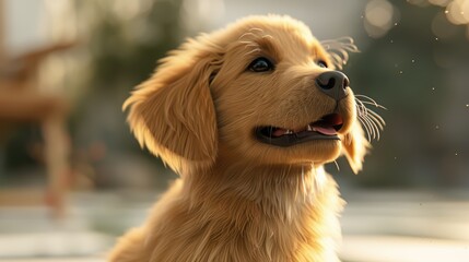 Adorable golden puppy looks up with a joyful expression, showcasing its playful spirit and fluffy fur in a warm, inviting setting.