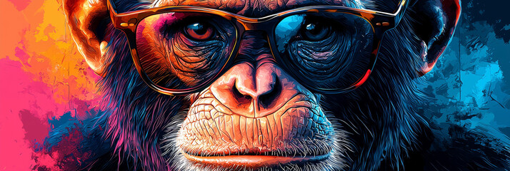 A close-up portrait of a monkey wearing sunglasses against a colorful abstract background.