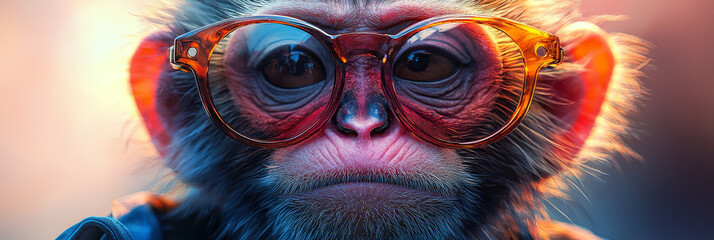 Canvas Print - A close-up of a monkey wearing round glasses, looking directly at the camera with a serious expression.