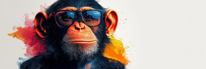 Canvas Print - A cool chimpanzee wearing sunglasses against a colorful background.