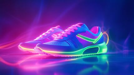 Canvas Print - Fashion sneakers on vivid abstract background. Sport shoes in neon light. 