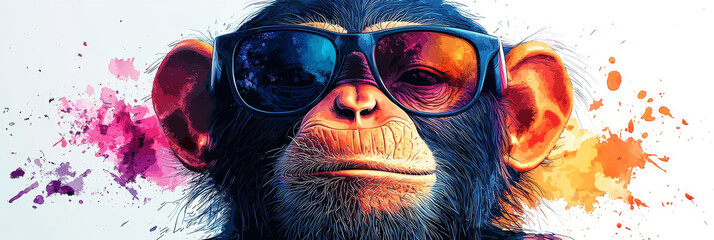 Wall Mural - A cool chimpanzee wearing sunglasses against a colorful splatter background.