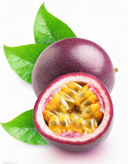 Passion fruit with leaves isolated on white background