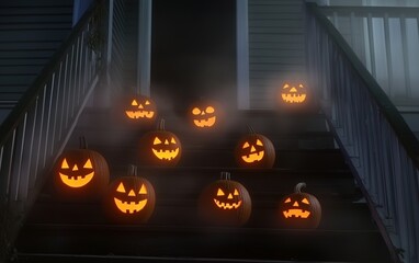 A row of glowing Jack-o'-lanterns with eerie expressions on the steps of an old house, surrounded by creeping fog at night