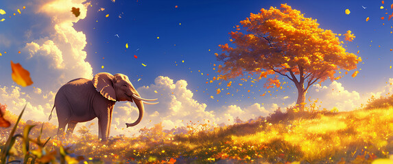 Landscape with elephants. Styled like an anime or game background. Blue sky, sunset, sunrise, night, fog, snow, rain, cloudiness, autumn leaves, etc.