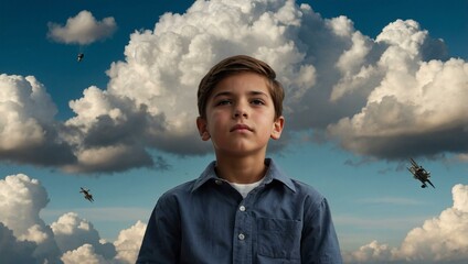 Wall Mural - Young boy daydreaming about future careers surrounded by aspirational clouds.