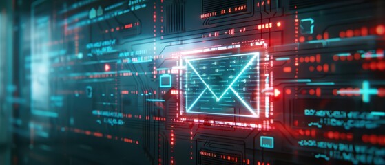 Futuristic digital interface featuring glowing communication symbols and data patterns, representing modern technology and connectivity.