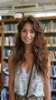 © Infinity - Young woman with long brown hair smiling in a library.