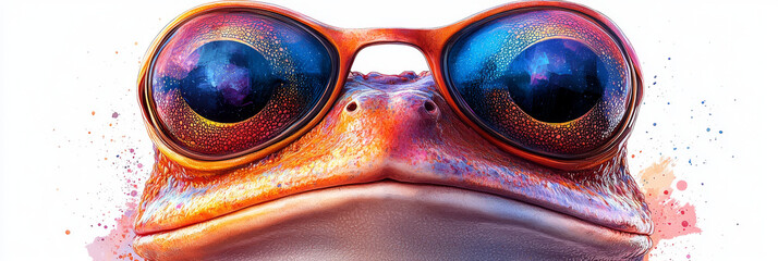 A frog wearing sunglasses with a galaxy design, looking straight at the camera with a playful expression.