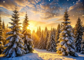 Wall Mural - Snowflakes gently fall on frosty evergreen trees, casting a serene silence over a majestic winter forest, bathed in soft, warm, golden afternoon light.