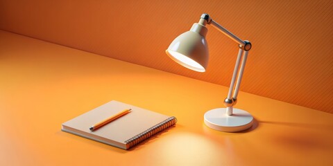 Wall Mural - Orange Desk with Lamp, Notebook and Pencil, 3D Rendering, Minimalist, Still Life, Design, Desk Lamp