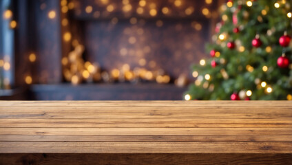 Wall Mural - The empty black wooden table top with blur background of Christmas tree