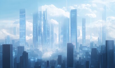 Poster - Futuristic Cityscape with Tall Buildings and Clouds