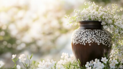 A rustic vase adorned with delicate white flowers, capturing a serene moment in a sunlit garden during springtime